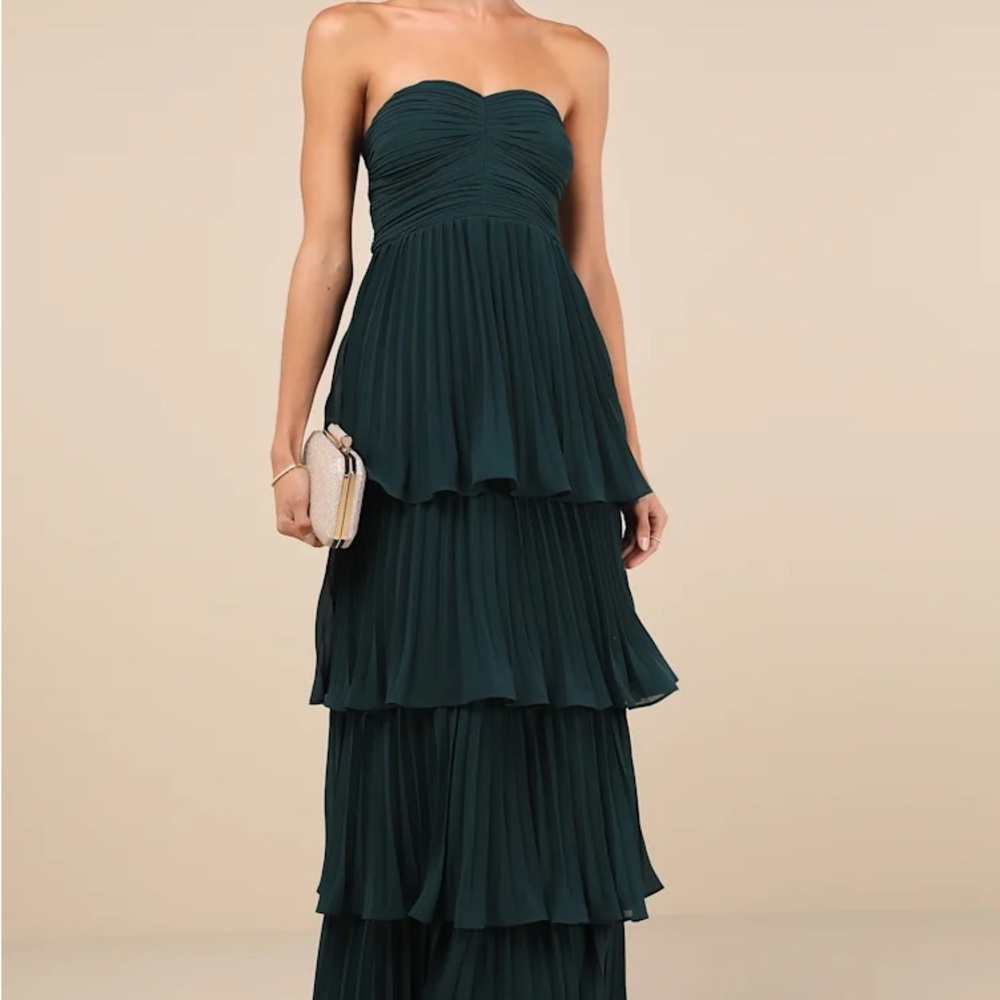 Lulu's Strapless Tiered Pleated Maxi Dress - Deep Teal